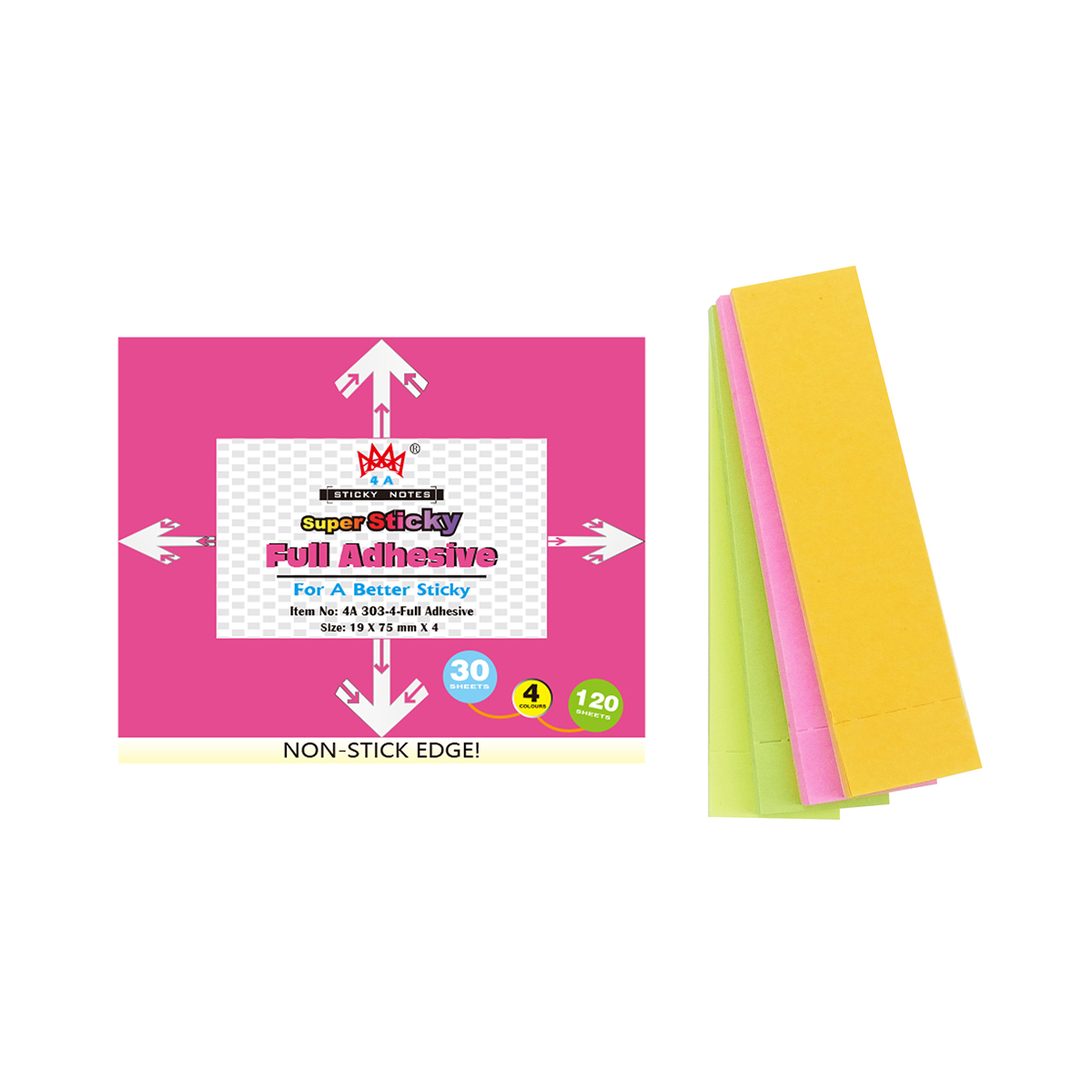 4A Sticky Full Adhesive Notes,Four Colors,3 1/3 x 3/4 inches,30-sheets/pad,4 pads/pack, 4A 303-4-Full Glue
