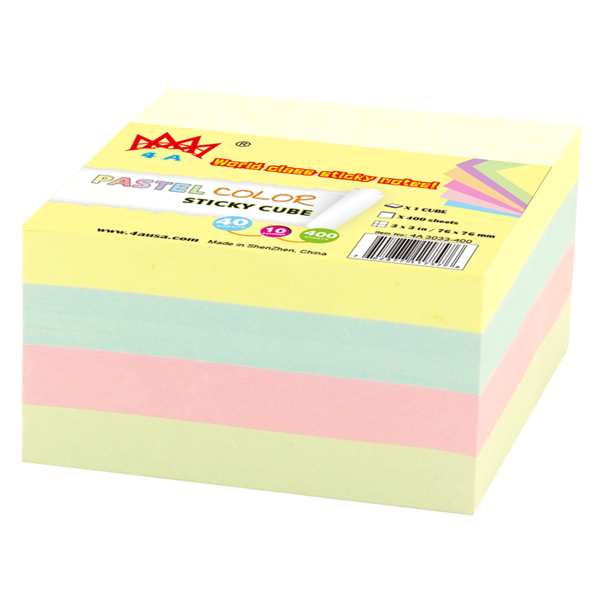 4A Sticky Notes Cube in Ultra Colors, 3 x 3-Inches, Neon Assorted, 400-sheets/pad,1 pad/pack, 4A 3033