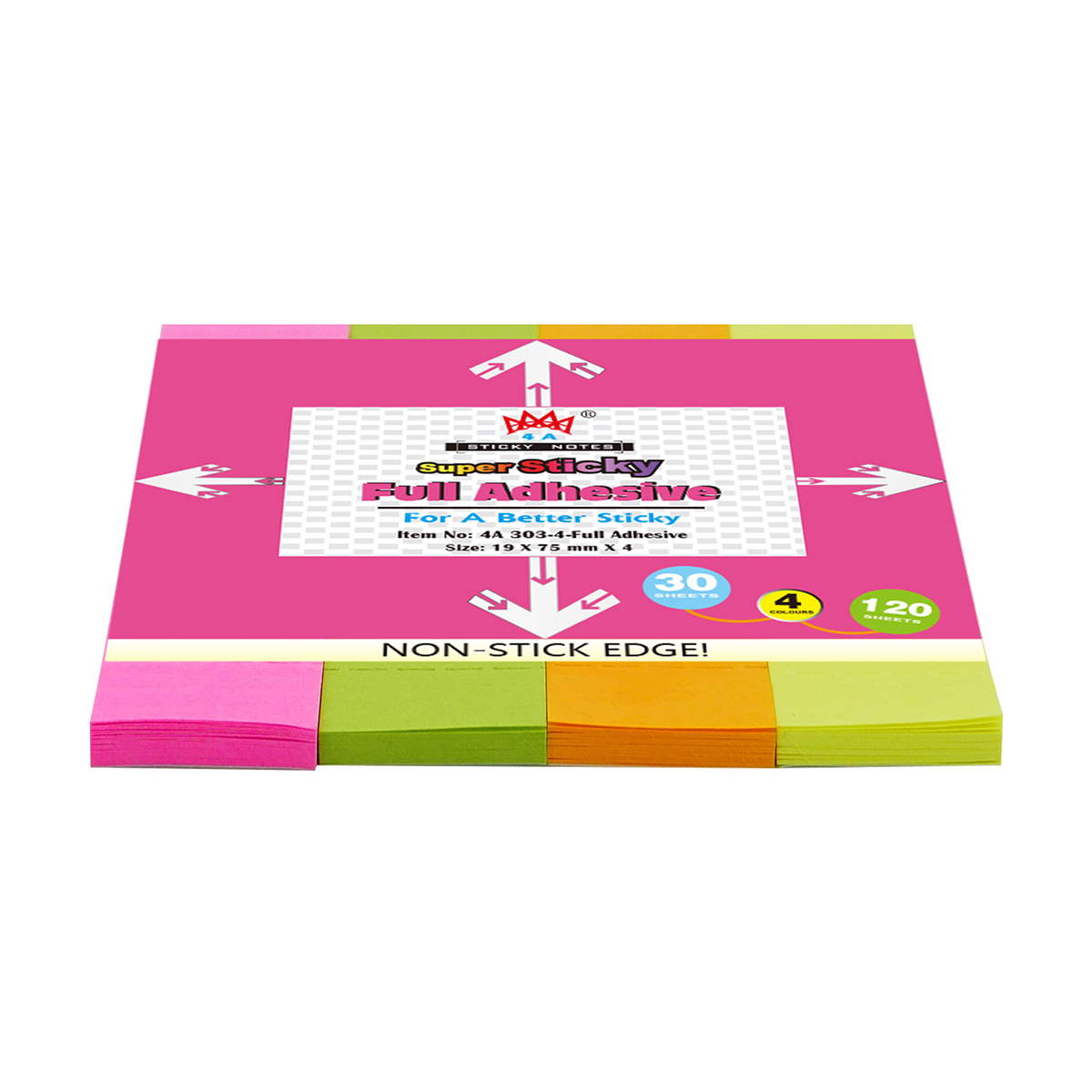 4A Sticky Full Adhesive Notes,Four Colors,3 1/3 x 3/4 inches,30-sheets/pad,4 pads/pack, 4A 303-4-Full Glue - Image 2