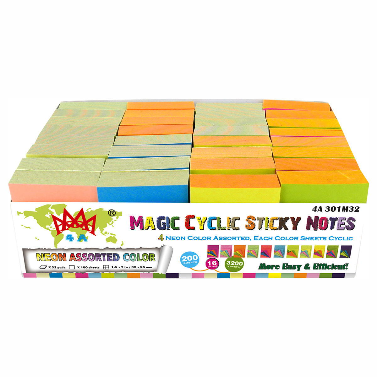 4A Magic Cyclic Sticky Notes,1 1/2 x 2 Inches,Small Size,The Adhesive On Shorter Side,4 Neon Color Assorted, Each Color Sheets Cyclic,100 Sheets/Pad,32 Pads/Box,4A 301M32