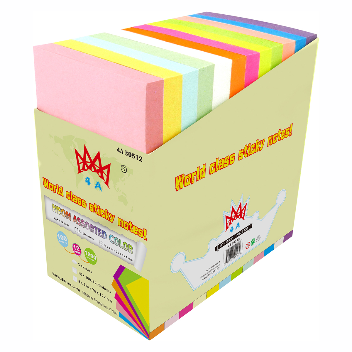 4A Sticky Notes,3 x 5 Inches,Neon Assorted,12 Colors,Self-Stick Notes,100 Sheets/Pad,12 Pads/Pack,4A 30512