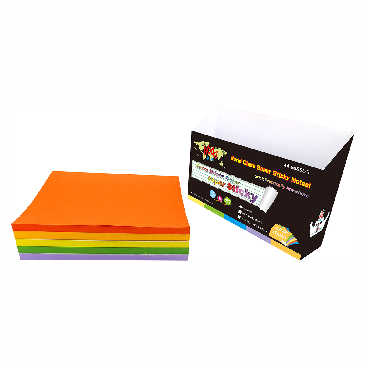 4A Super Sticky Notes,6 x 8 Inches,Large Size,Extra Bright Color Assorted,Lined,Self-Stick Notes,5 Colors,80 Sheets/Pad,5 Pads/Pack,400 Sheets/Pack,4A 608SL-5 - Image 2