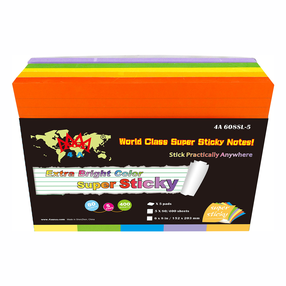 4A Super Sticky Notes,6 x 8 Inches,Large Size,Extra Bright Color Assorted,Lined,Self-Stick Notes,5 Colors,80 Sheets/Pad,5 Pads/Pack,400 Sheets/Pack,4A 608SL-5 - Image 3